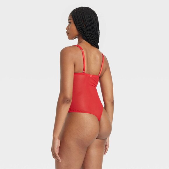 NEW Women's Rhinestone Lingerie Bodysuit Auden Nylon Spandex Mesh Sheer Red S - Picture 3 of 9